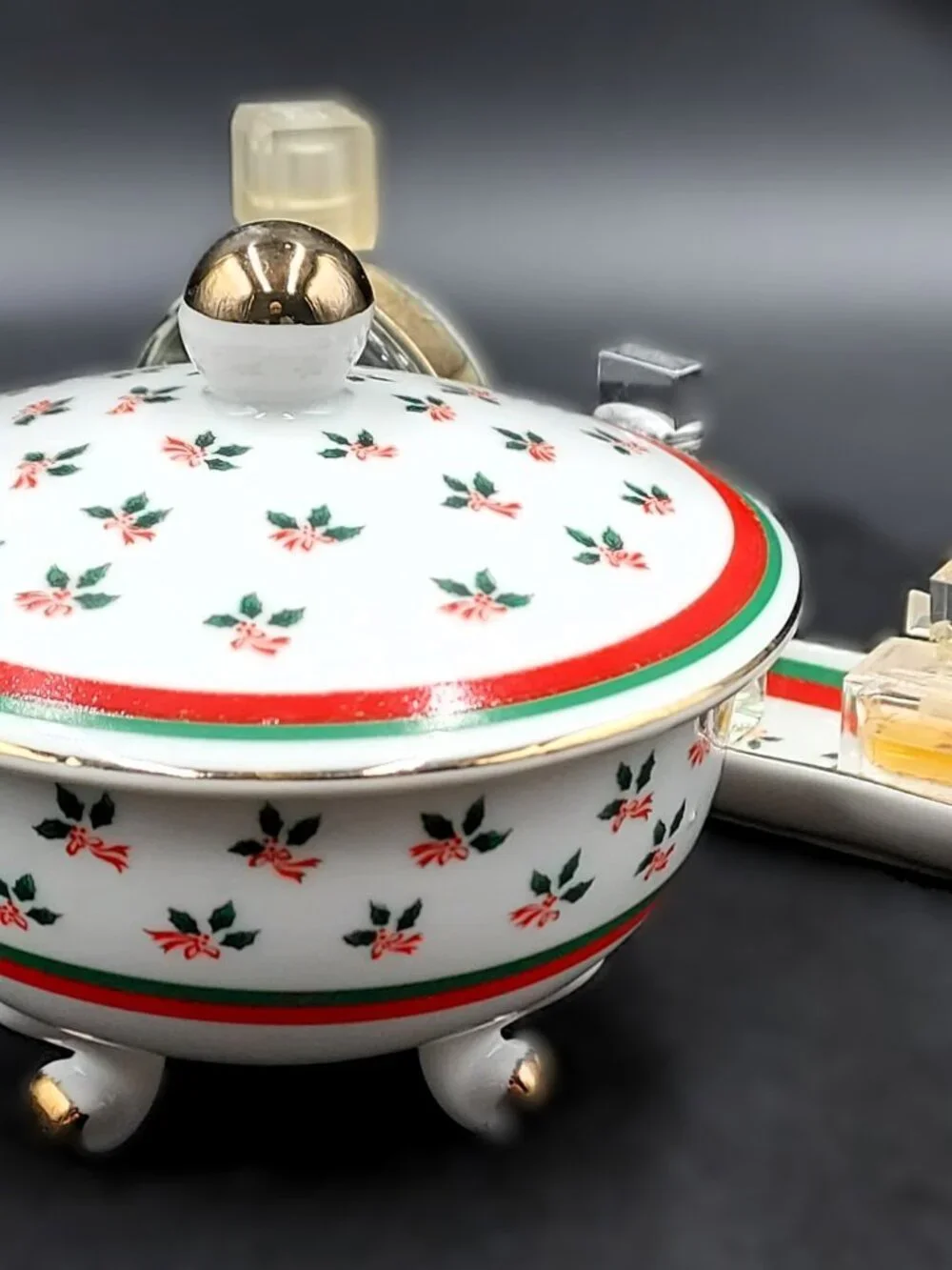 Vintage Lefton Handpainted Holly Holiday Covered Dish and Tray